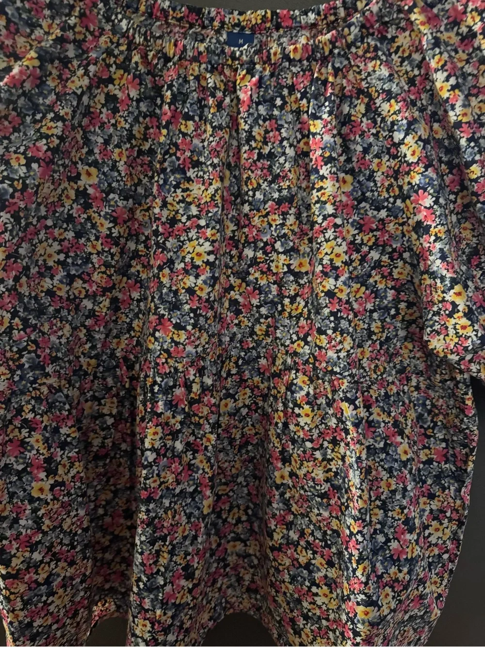 Old Navy Black Floral Puff Sleeve Blouse with Pink and Yellow Accents medium